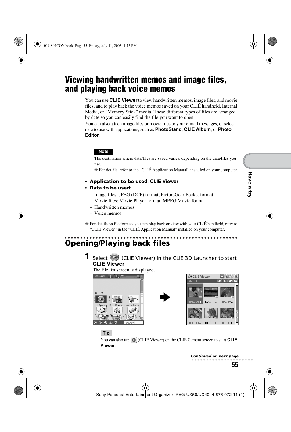 Opening/playing back files, Viewing handwritten memos and image files, And playing back voice memos | Sony PEG-UX40 User Manual | Page 55 / 116
