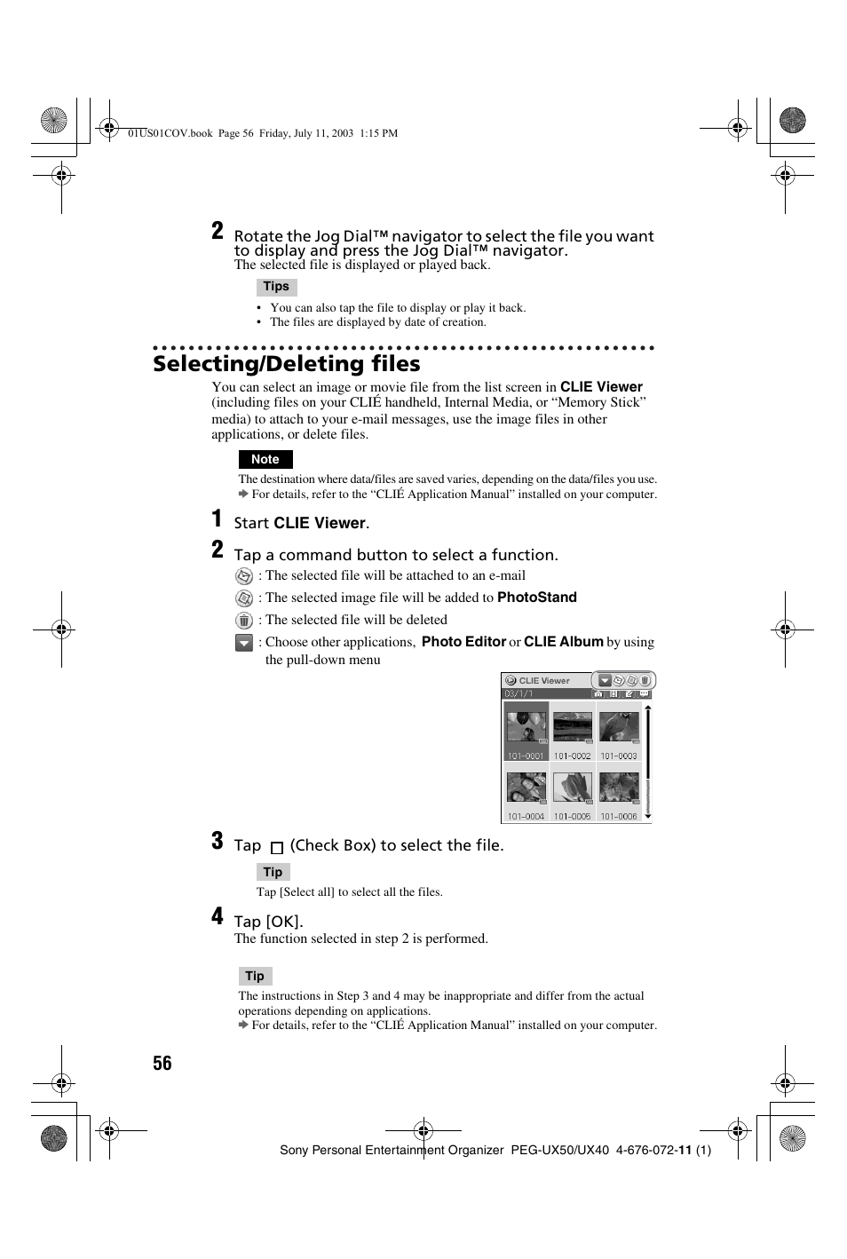 Selecting/deleting files | Sony PEG-UX40 User Manual | Page 56 / 116