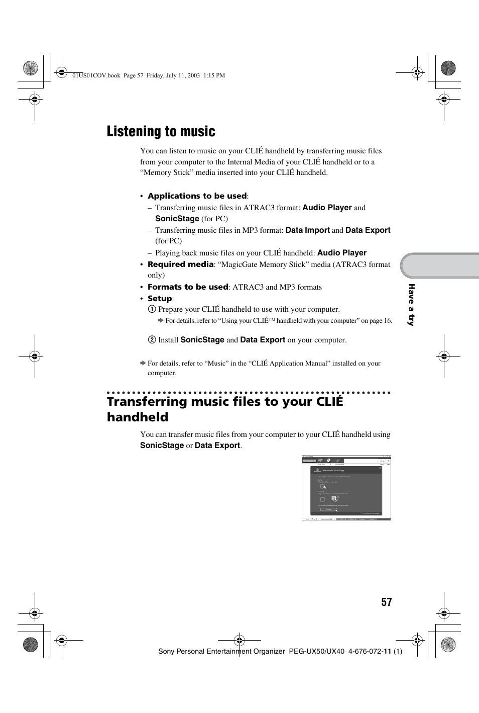 Listening to music, Transferring music files to your clié handheld | Sony PEG-UX40 User Manual | Page 57 / 116