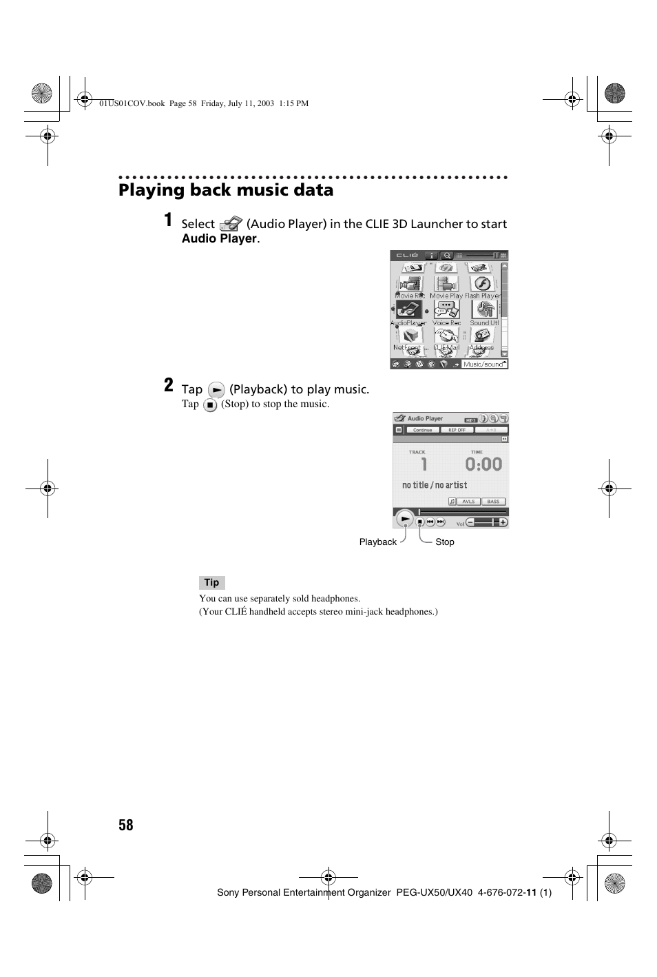 Playing back music data | Sony PEG-UX40 User Manual | Page 58 / 116