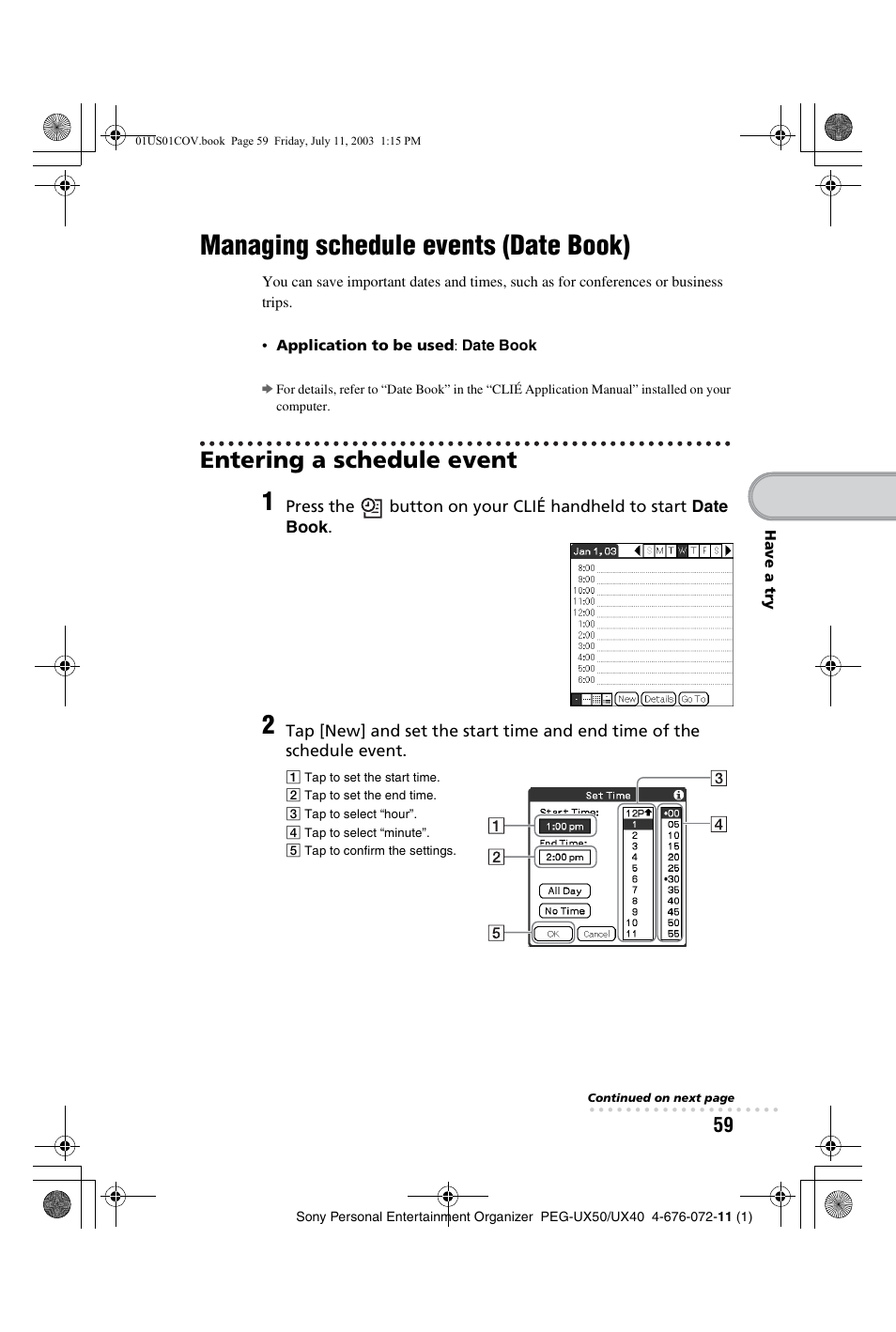 Managing schedule events (date book), Entering a schedule event | Sony PEG-UX40 User Manual | Page 59 / 116