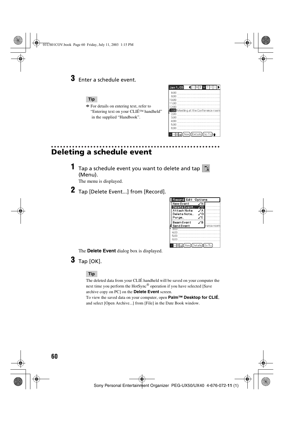 Deleting a schedule event | Sony PEG-UX40 User Manual | Page 60 / 116