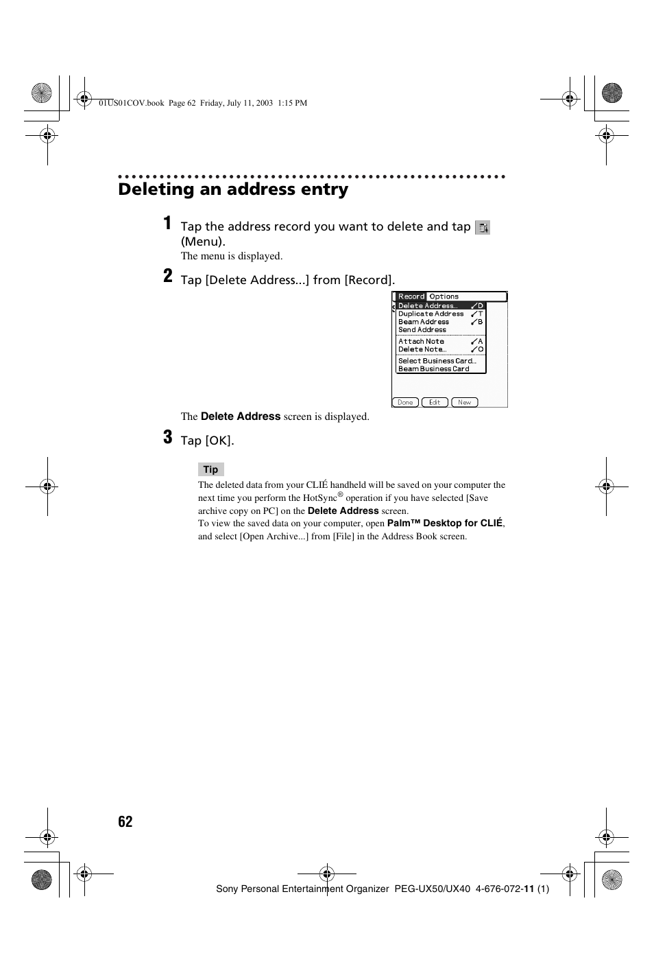 Deleting an address entry | Sony PEG-UX40 User Manual | Page 62 / 116