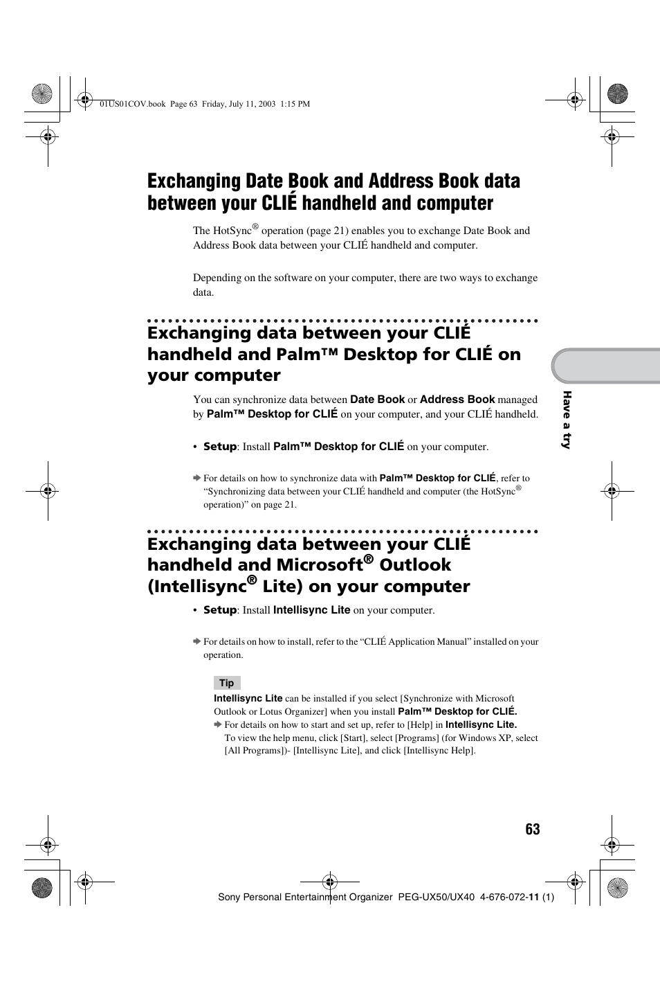 Exchanging date book and address book, Data between your clié handheld and computer, Outlook (intellisync | Lite) on your computer | Sony PEG-UX40 User Manual | Page 63 / 116