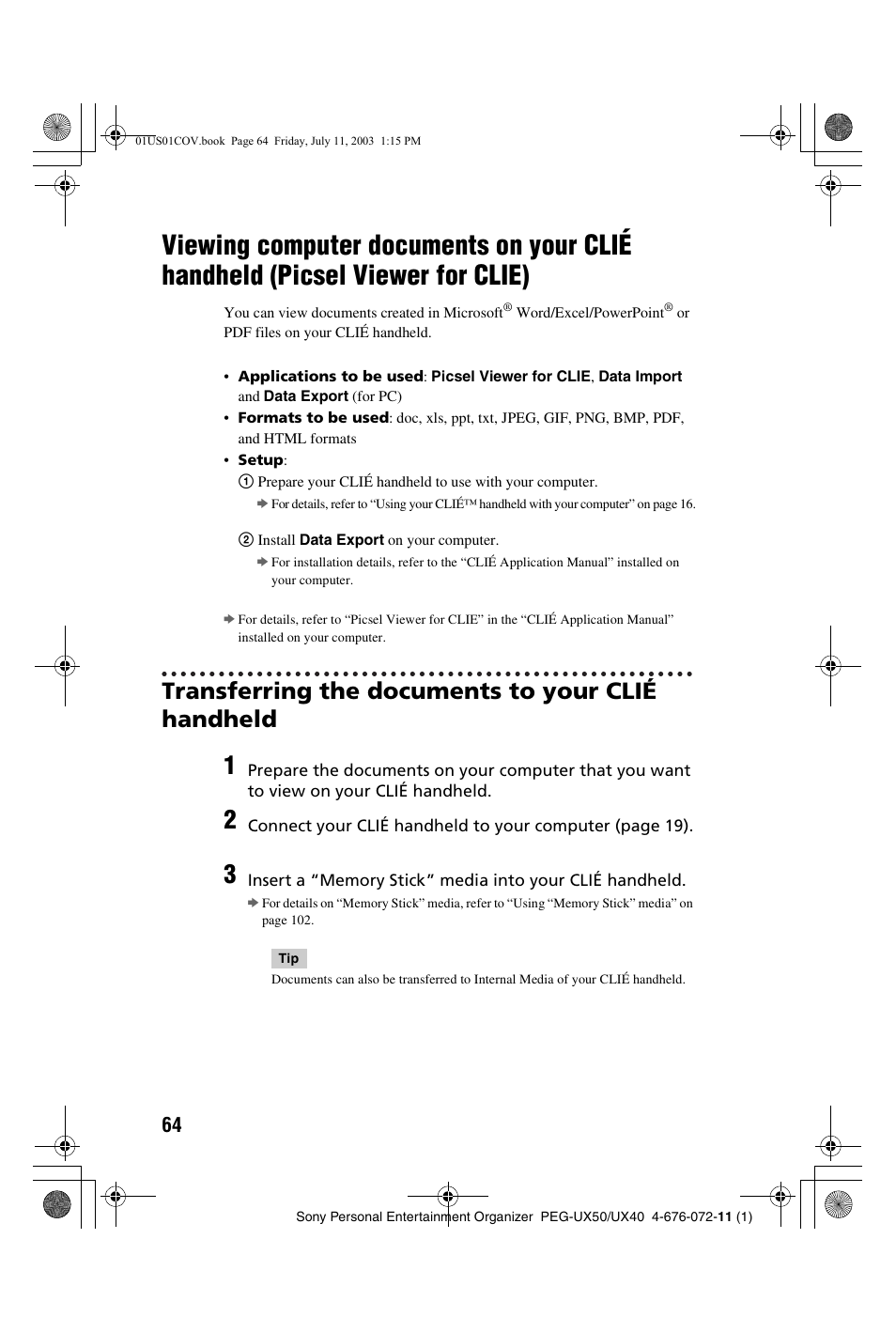 Transferring the documents to your clié handheld, Viewing computer documents on your clié, Handheld (picsel viewer for clie) | Sony PEG-UX40 User Manual | Page 64 / 116