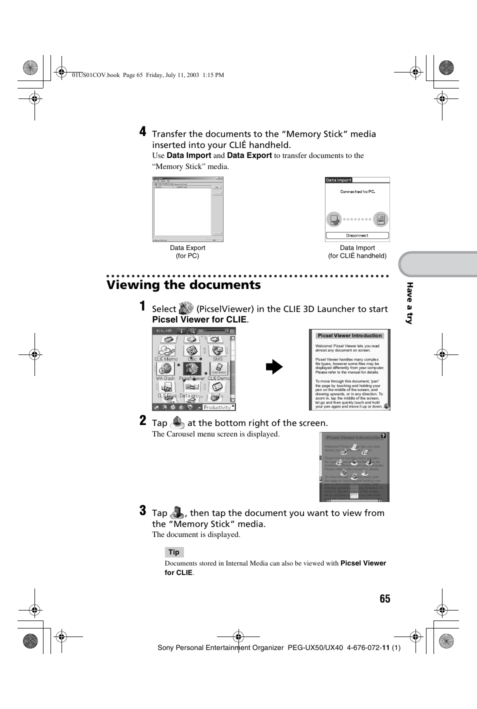 Viewing the documents | Sony PEG-UX40 User Manual | Page 65 / 116