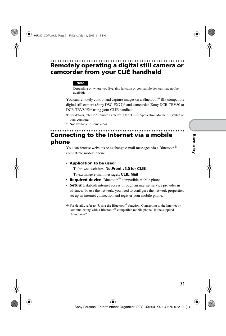 Connecting to the internet via a mobile phone | Sony PEG-UX40 User Manual | Page 71 / 116