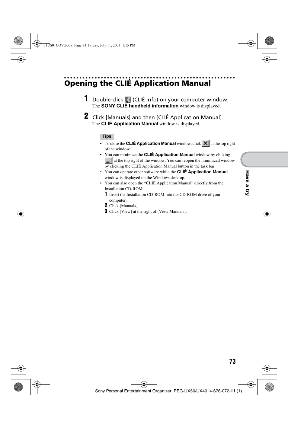 Opening the clié application manual | Sony PEG-UX40 User Manual | Page 73 / 116