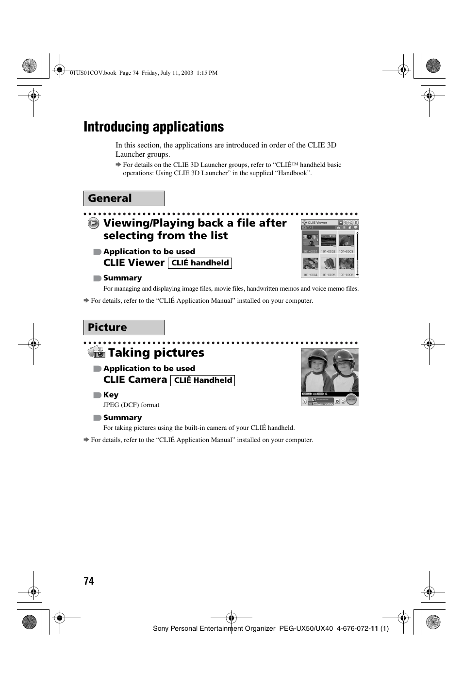 Introducing applications, Taking pictures, General picture | Sony PEG-UX40 User Manual | Page 74 / 116