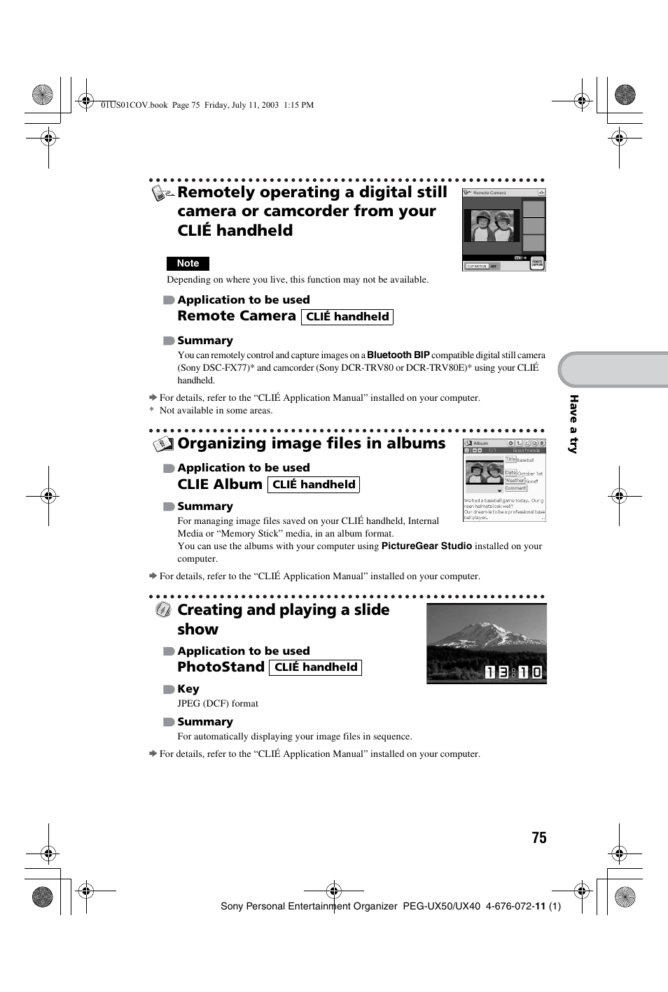 Organizing image files in albums, Creating and playing a slide show, Remote camera | Clie album, Photostand | Sony PEG-UX40 User Manual | Page 75 / 116