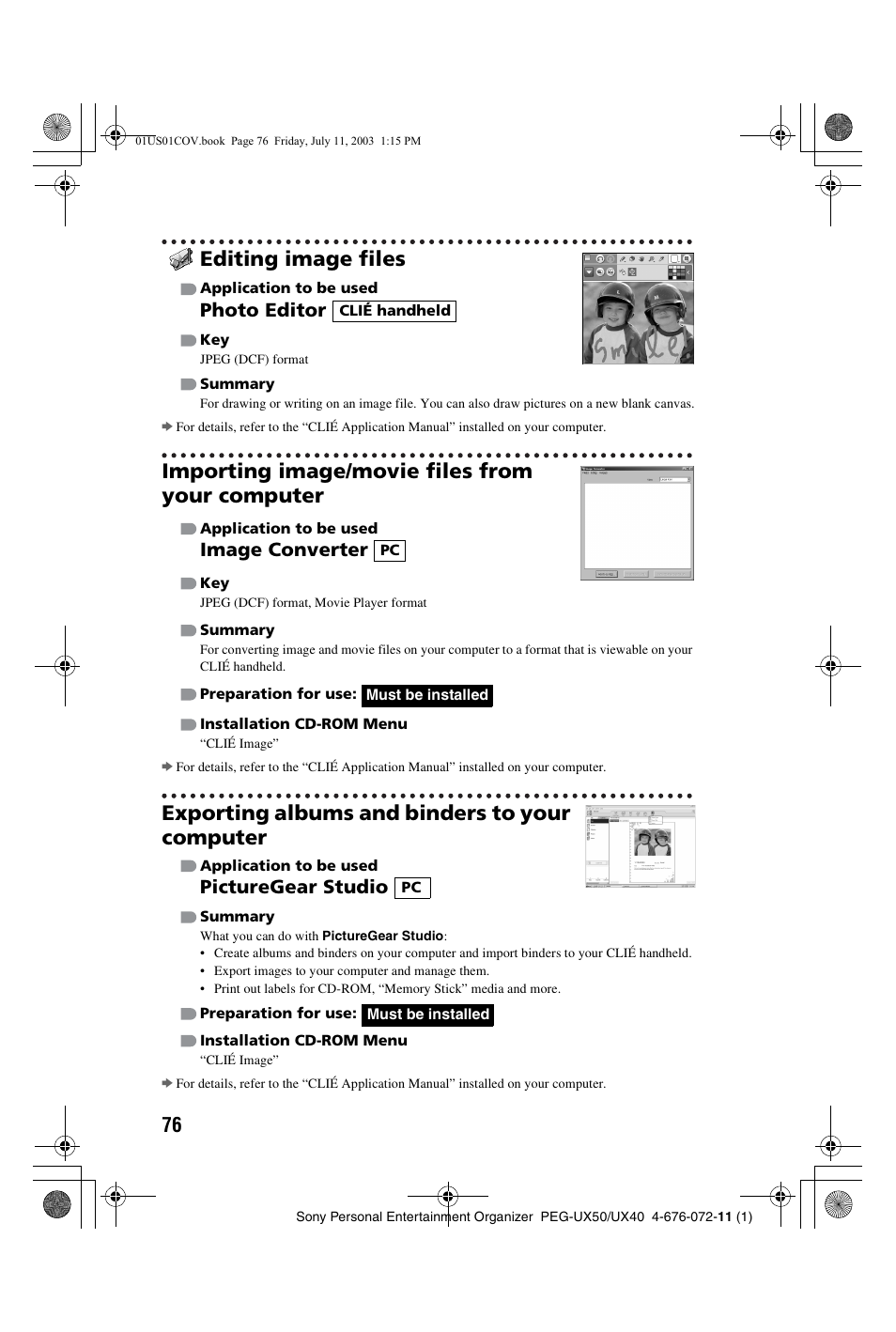 Editing image files, Importing image/movie files from your computer, Exporting albums and binders to your computer | Photo editor, Image converter, Picturegear studio | Sony PEG-UX40 User Manual | Page 76 / 116