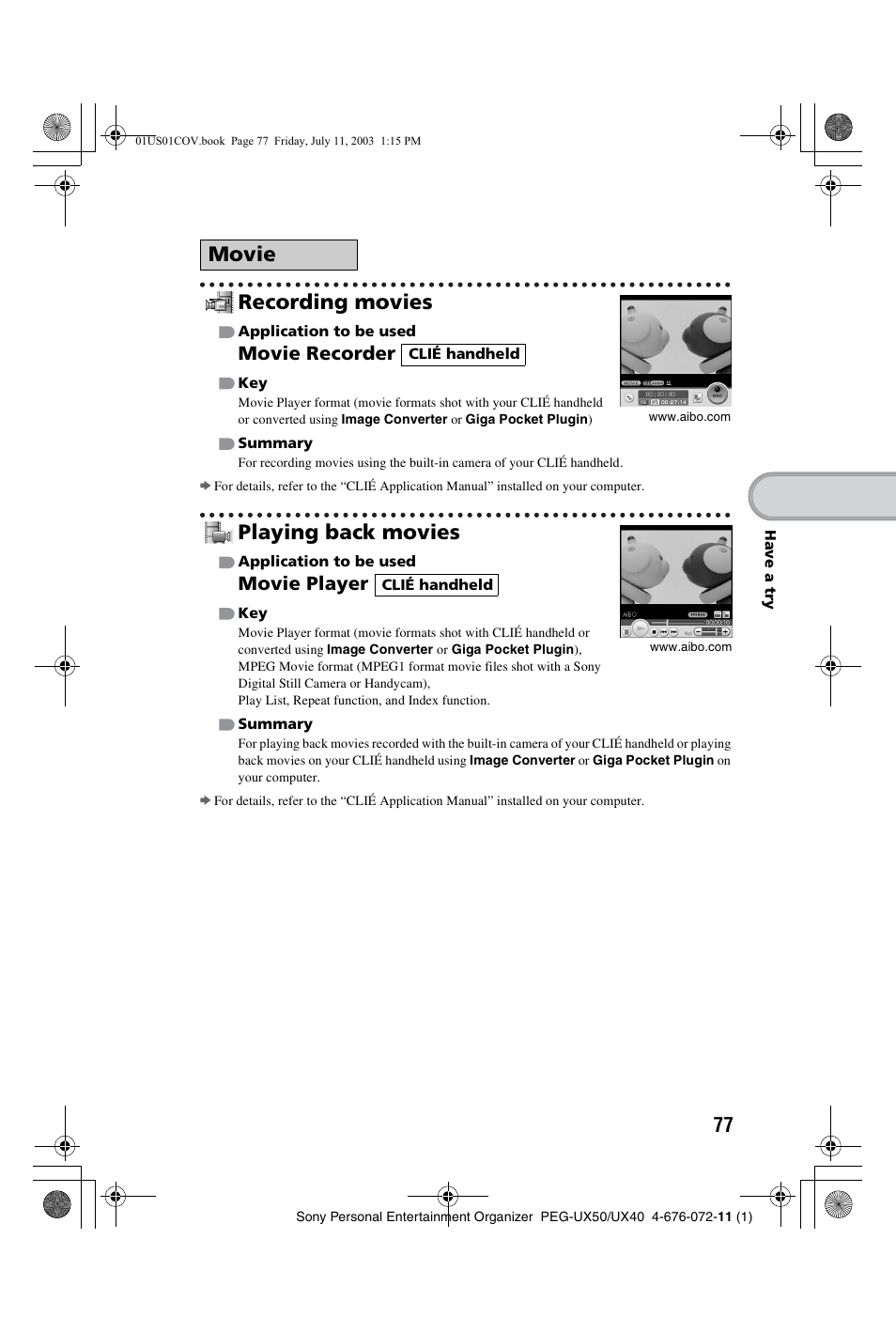 Recording movies, Playing back movies, Movie | Movie recorder, Movie player | Sony PEG-UX40 User Manual | Page 77 / 116