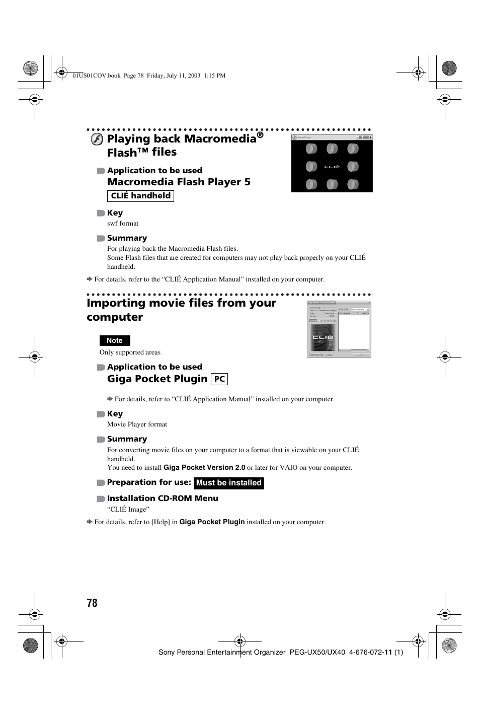Playing back macromedia® flash™ files, Importing movie files from your computer, Playing back macromedia | Flash™ files, Macromedia flash player 5, Giga pocket plugin | Sony PEG-UX40 User Manual | Page 78 / 116