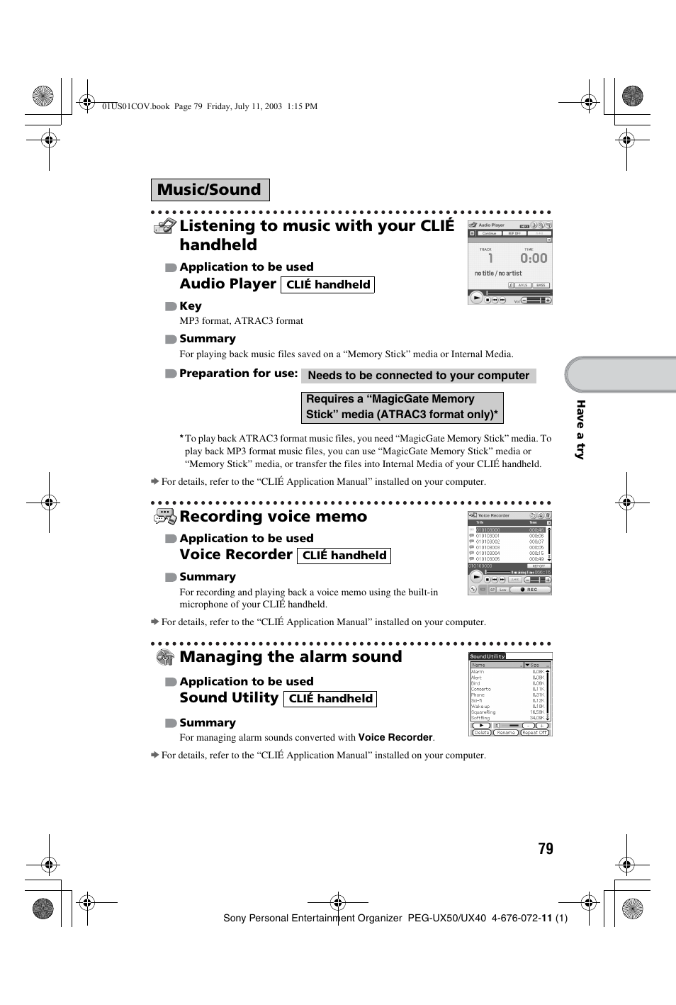 Listening to music with your clié handheld, Recording voice memo, Managing the alarm sound | Music/sound, Audio player, Voice recorder, Sound utility | Sony PEG-UX40 User Manual | Page 79 / 116