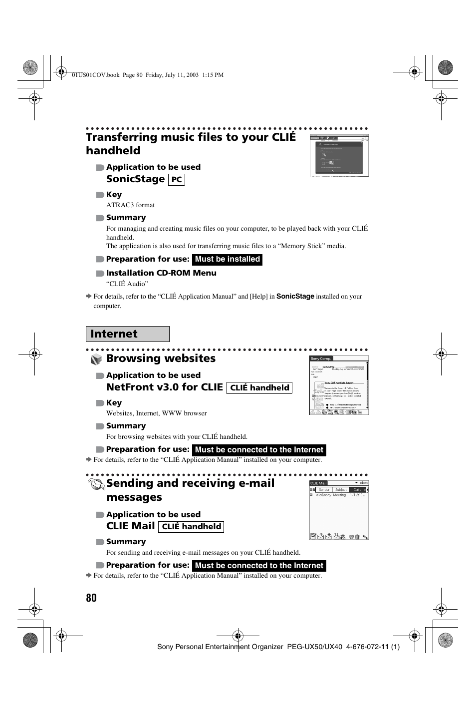 Transferring music files to your clié handheld, Browsing websites, Sending and receiving e-mail messages | Internet, Sonicstage, Netfront v3.0 for clie, Clie mail | Sony PEG-UX40 User Manual | Page 80 / 116