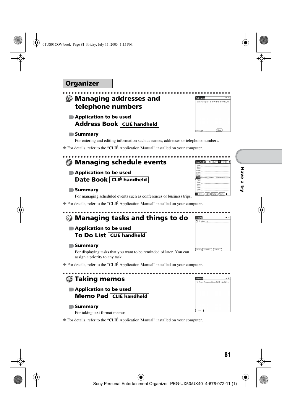Managing addresses and telephone numbers, Managing schedule events, Managing tasks and things to do | Taking memos, Organizer | Sony PEG-UX40 User Manual | Page 81 / 116