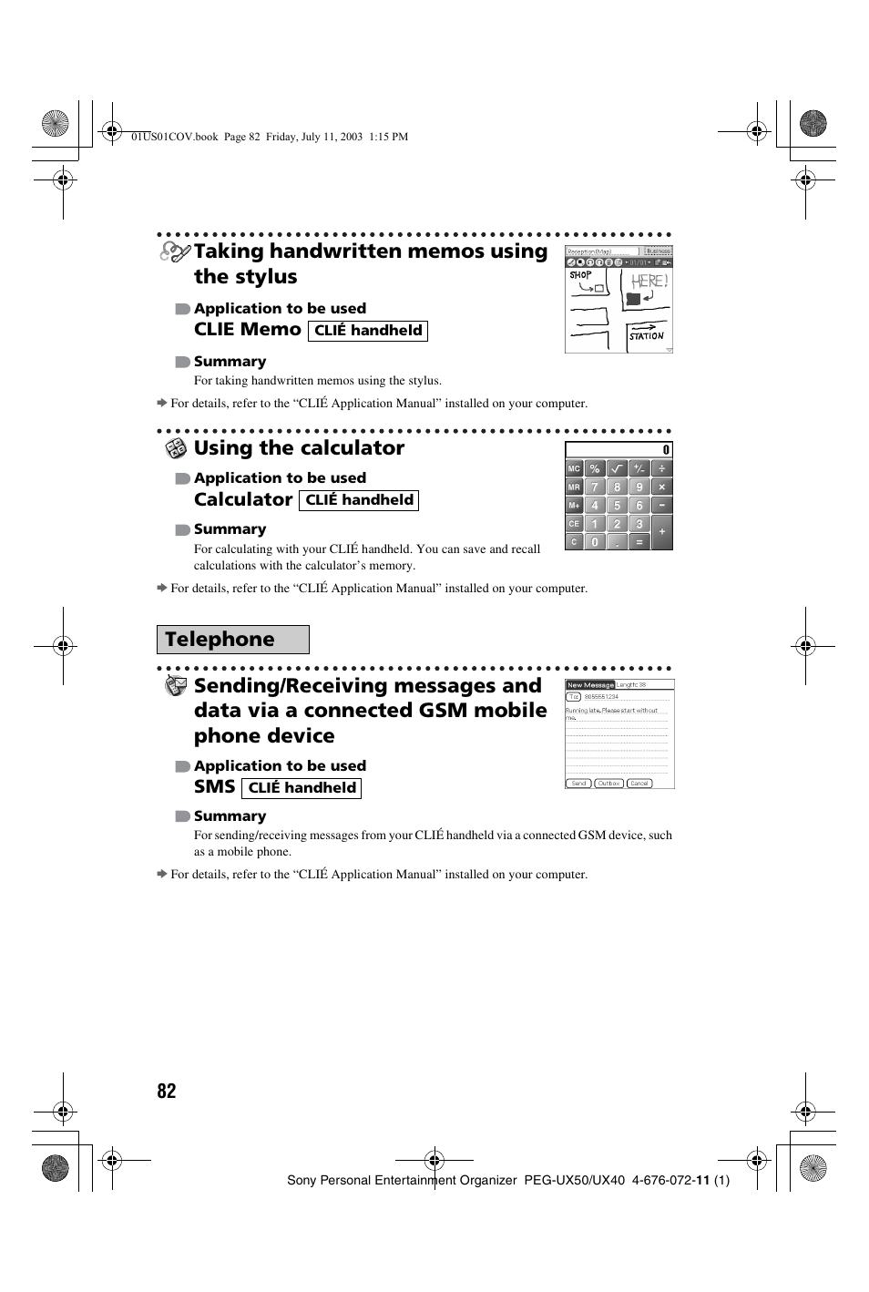 Taking handwritten memos using the stylus, Using the calculator, Telephone | Sony PEG-UX40 User Manual | Page 82 / 116