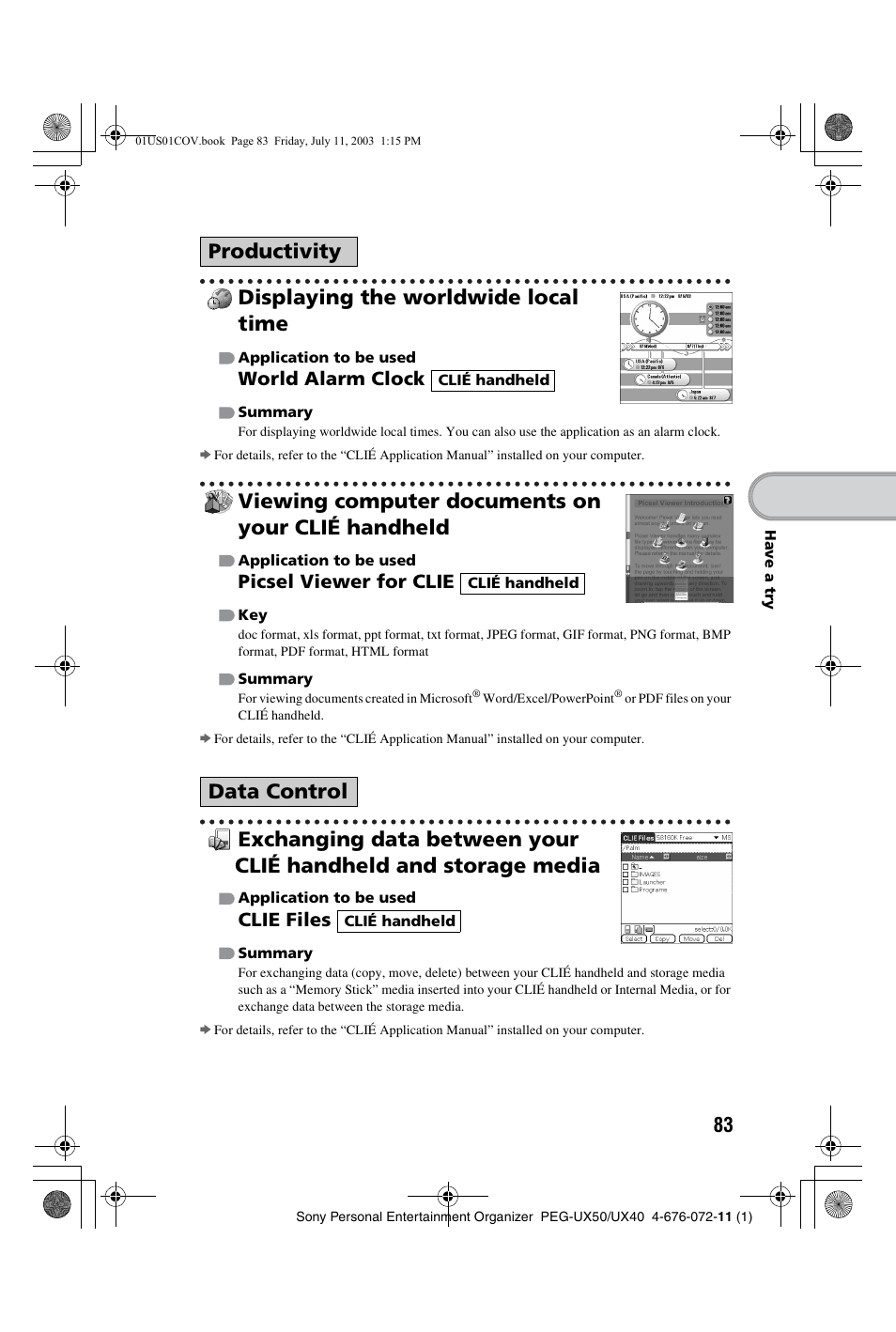 Displaying the worldwide local time, Viewing computer documents on your clié handheld, Productivity data control | World alarm clock, Picsel viewer for clie, Clie files | Sony PEG-UX40 User Manual | Page 83 / 116