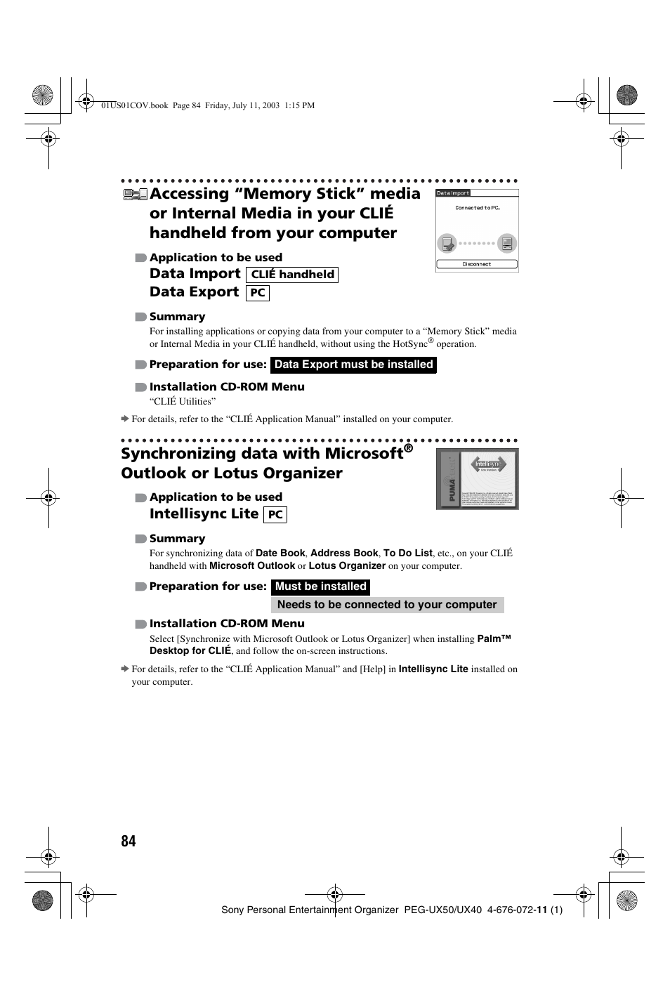 Synchronizing data with microsoft, Outlook or lotus organizer, Data import data export | Intellisync lite | Sony PEG-UX40 User Manual | Page 84 / 116