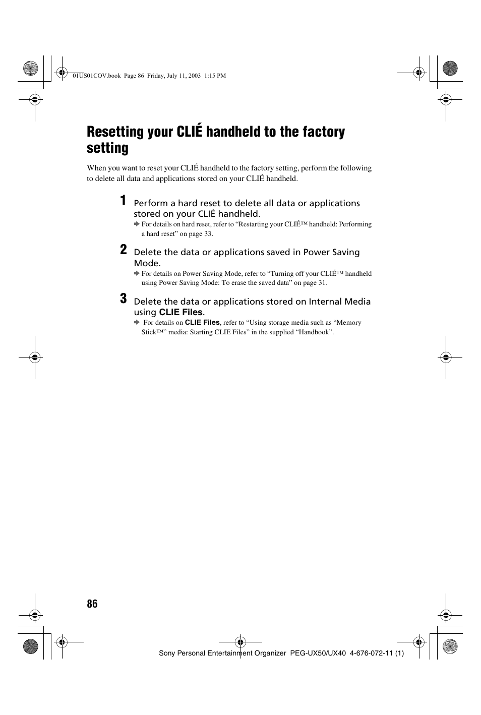 Resetting your clié handheld to the, Factory setting | Sony PEG-UX40 User Manual | Page 86 / 116