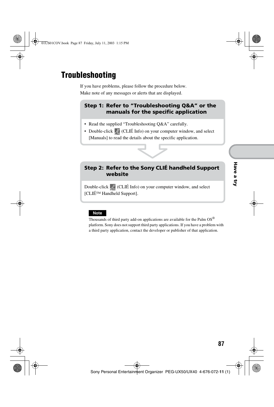 Troubleshooting | Sony PEG-UX40 User Manual | Page 87 / 116