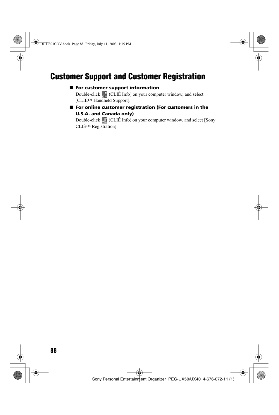 Customer support and customer registration, Customer support and customer, Registration | Sony PEG-UX40 User Manual | Page 88 / 116