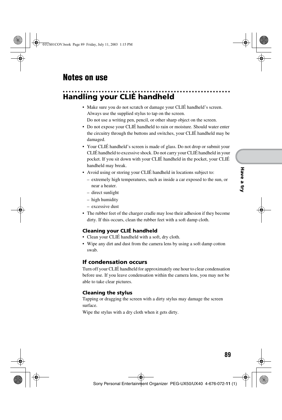 Notes on use, Handling your clié handheld | Sony PEG-UX40 User Manual | Page 89 / 116
