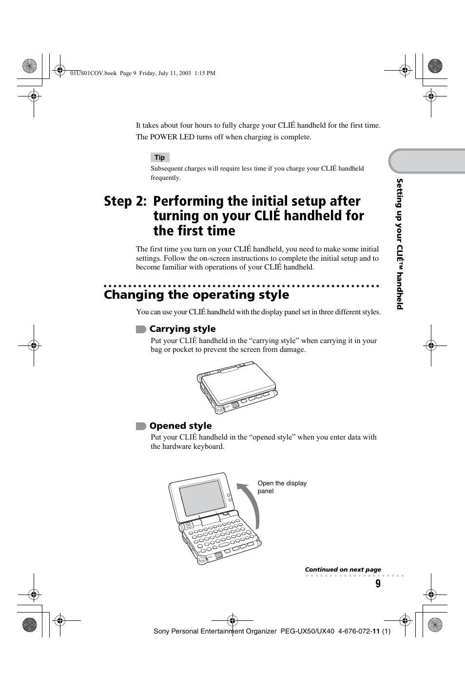 Changing the operating style, Step 2: performing the initial setup after, Turning on your clié handheld for the first time | Sony PEG-UX40 User Manual | Page 9 / 116