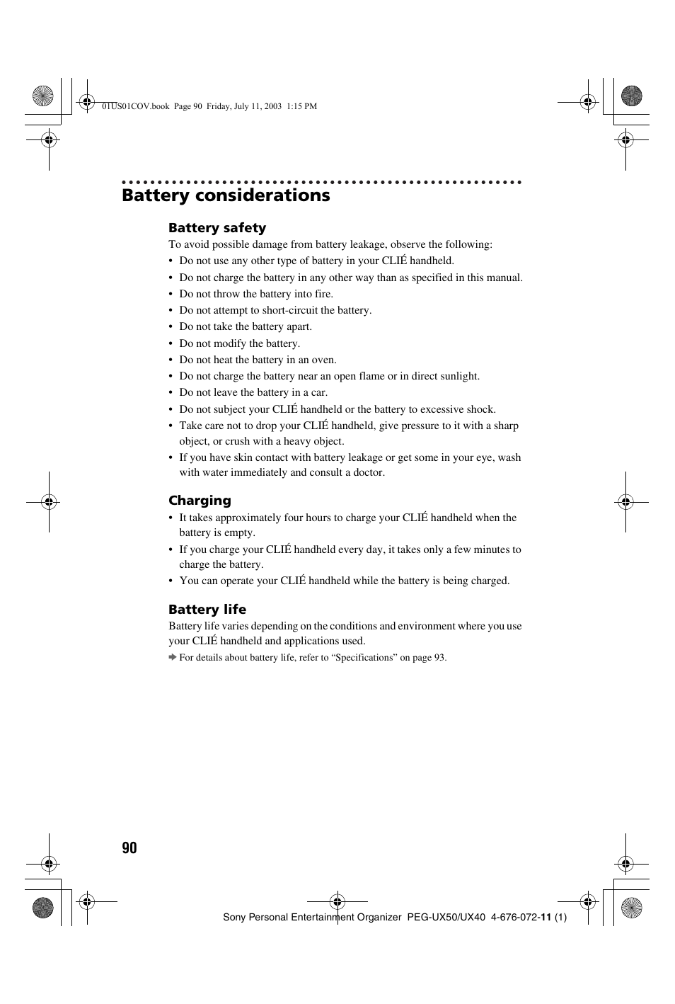 Battery considerations | Sony PEG-UX40 User Manual | Page 90 / 116