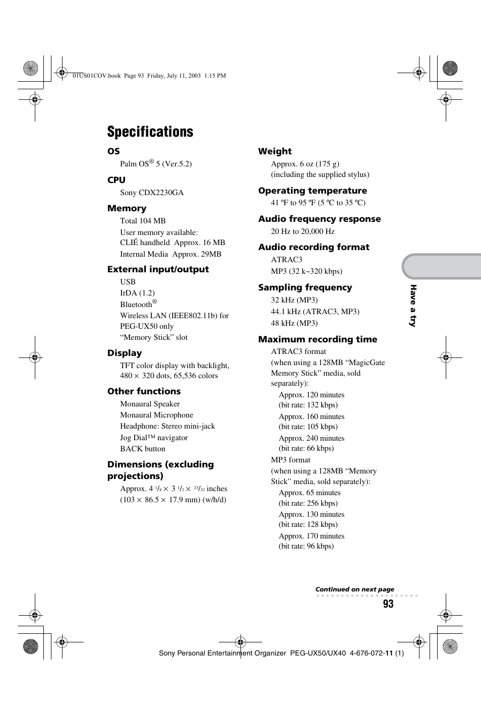 Specifications | Sony PEG-UX40 User Manual | Page 93 / 116