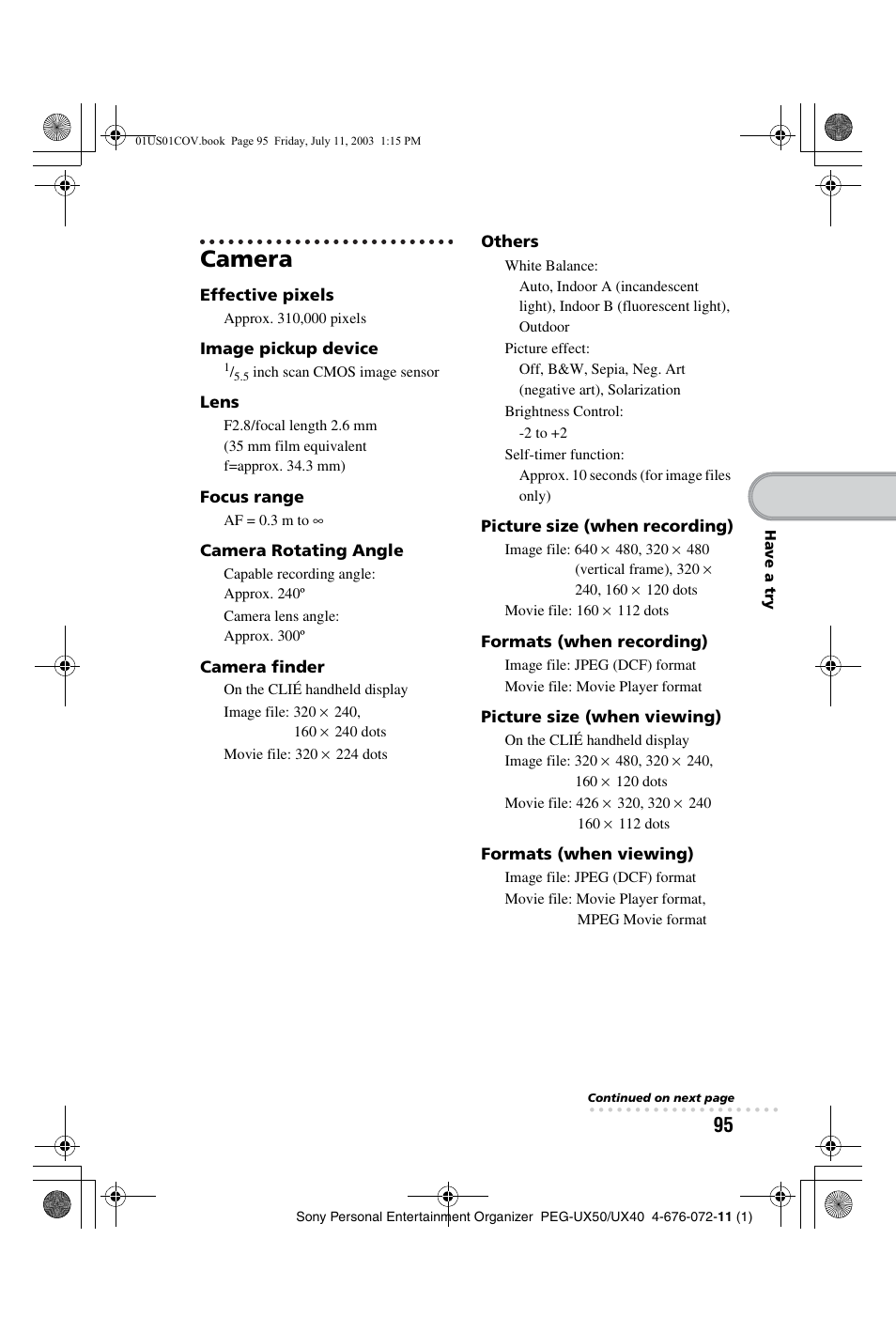 Camera | Sony PEG-UX40 User Manual | Page 95 / 116