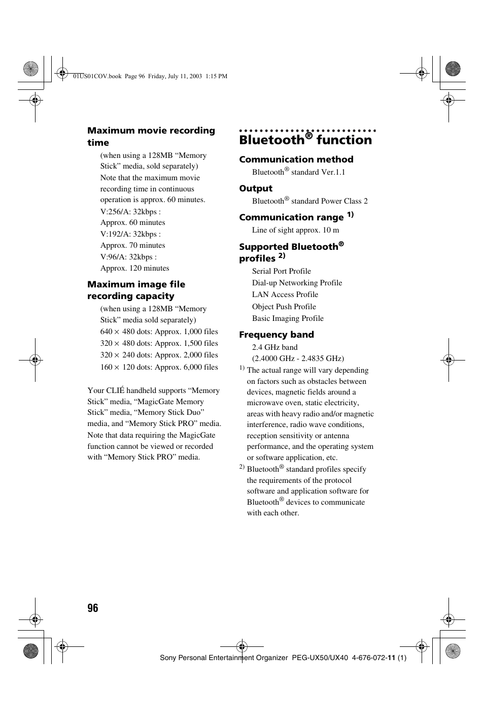 Bluetooth® function, Bluetooth, Function | Sony PEG-UX40 User Manual | Page 96 / 116