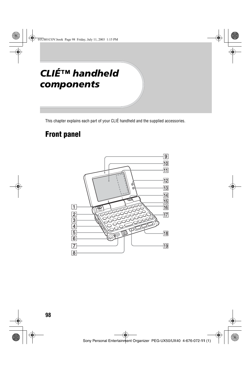 Clié™ handheld components, Front panel | Sony PEG-UX40 User Manual | Page 98 / 116