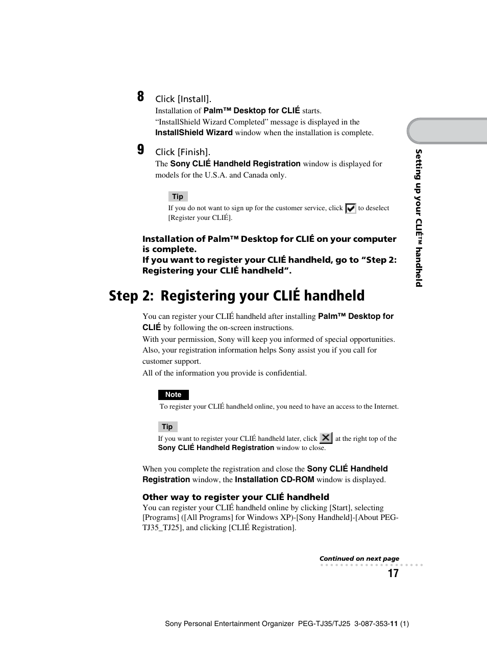 Step 2: registering your clié handheld | Sony PEG-TJ25 User Manual | Page 17 / 72