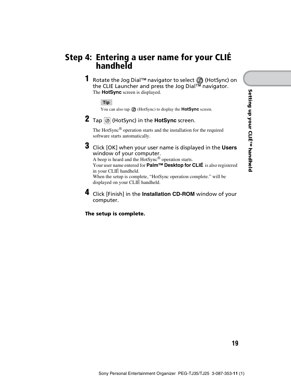 Step 4: entering a user name for your clié, Handheld | Sony PEG-TJ25 User Manual | Page 19 / 72