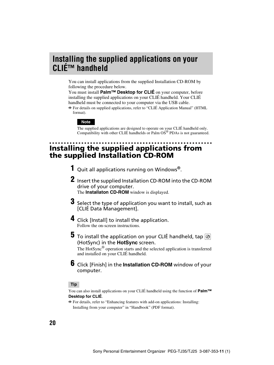 Installing the supplied applications, On your clié™ handheld | Sony PEG-TJ25 User Manual | Page 20 / 72