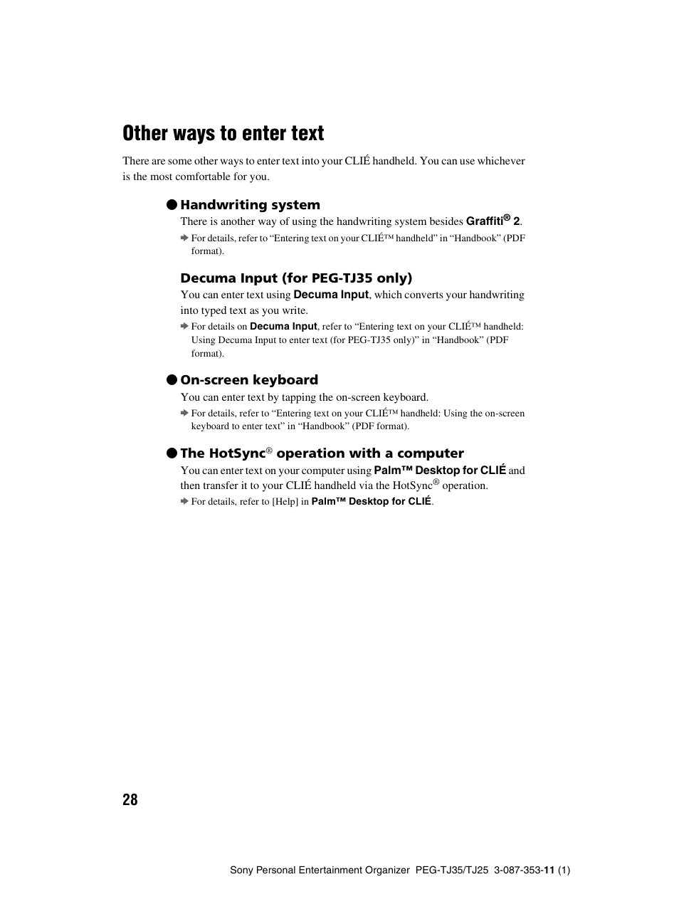 Other ways to enter text | Sony PEG-TJ25 User Manual | Page 28 / 72