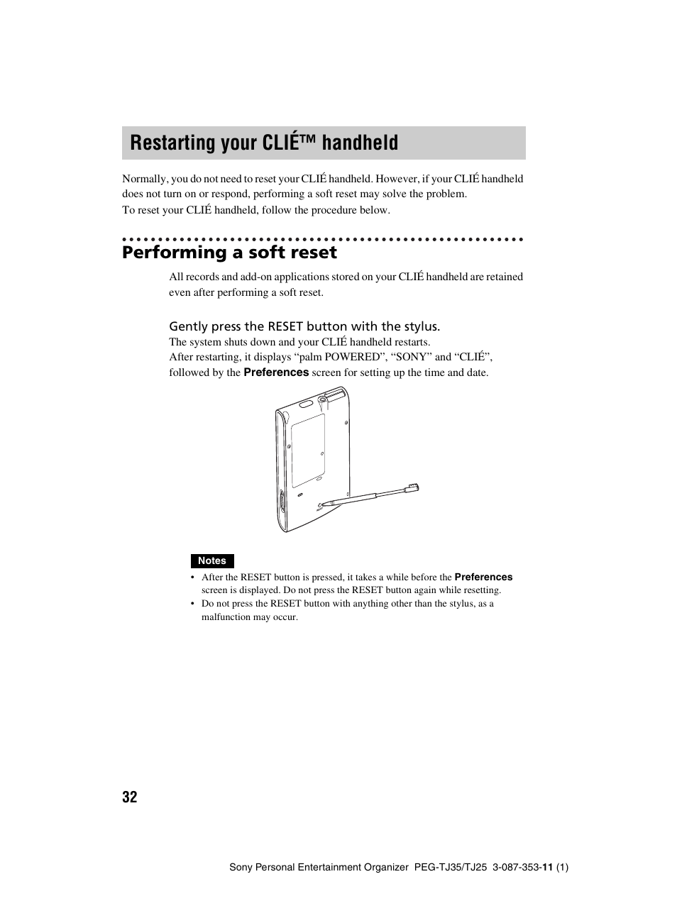 Restarting your clié™ handheld, Performing a soft reset, Restarting your clié | Handheld | Sony PEG-TJ25 User Manual | Page 32 / 72