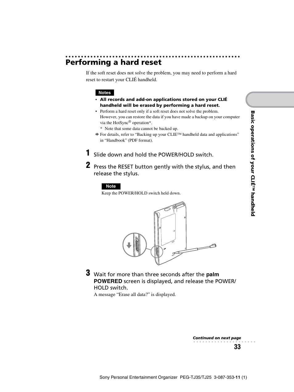 Performing a hard reset | Sony PEG-TJ25 User Manual | Page 33 / 72