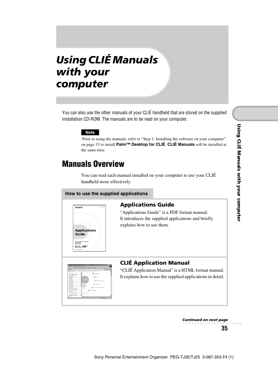 Using clié manuals with your computer, Manuals overview, Using clié manuals | With your, Computer | Sony PEG-TJ25 User Manual | Page 35 / 72