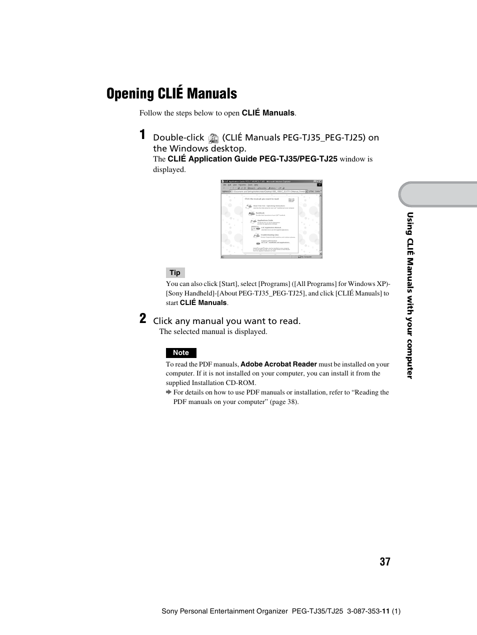 Opening clié manuals | Sony PEG-TJ25 User Manual | Page 37 / 72