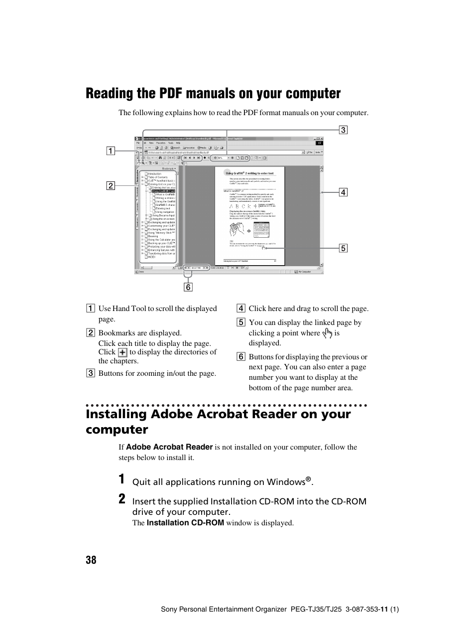 Reading the pdf manuals on your computer, Installing adobe acrobat reader on your computer, Reading the pdf manuals on your | Computer | Sony PEG-TJ25 User Manual | Page 38 / 72