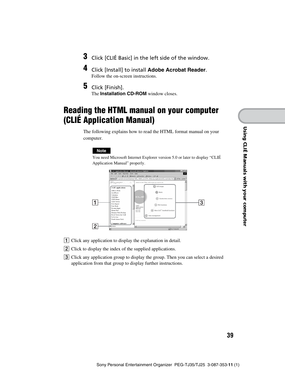 Reading the html manual on your computer, Clié application manual) | Sony PEG-TJ25 User Manual | Page 39 / 72