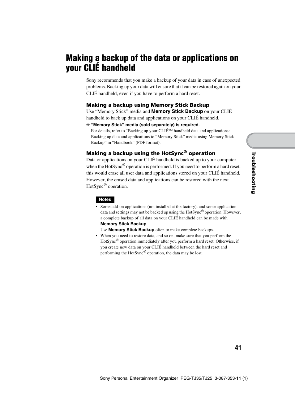 Making a backup of the data or applications on, Your clié handheld | Sony PEG-TJ25 User Manual | Page 41 / 72