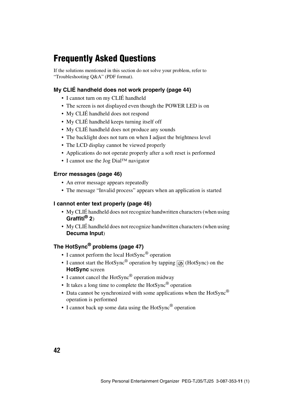 Frequently asked questions | Sony PEG-TJ25 User Manual | Page 42 / 72