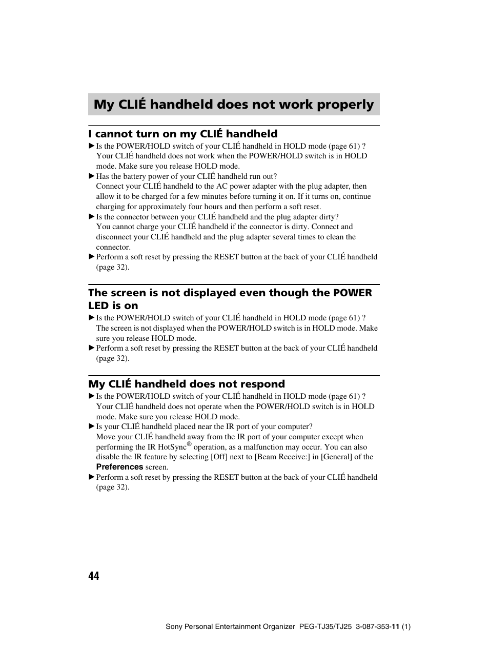 My clié handheld does not work properly | Sony PEG-TJ25 User Manual | Page 44 / 72