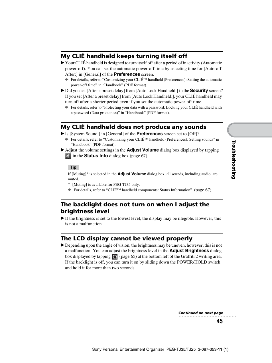 My clié handheld keeps turning itself off, My clié handheld does not produce any sounds, The lcd display cannot be viewed properly | Sony PEG-TJ25 User Manual | Page 45 / 72