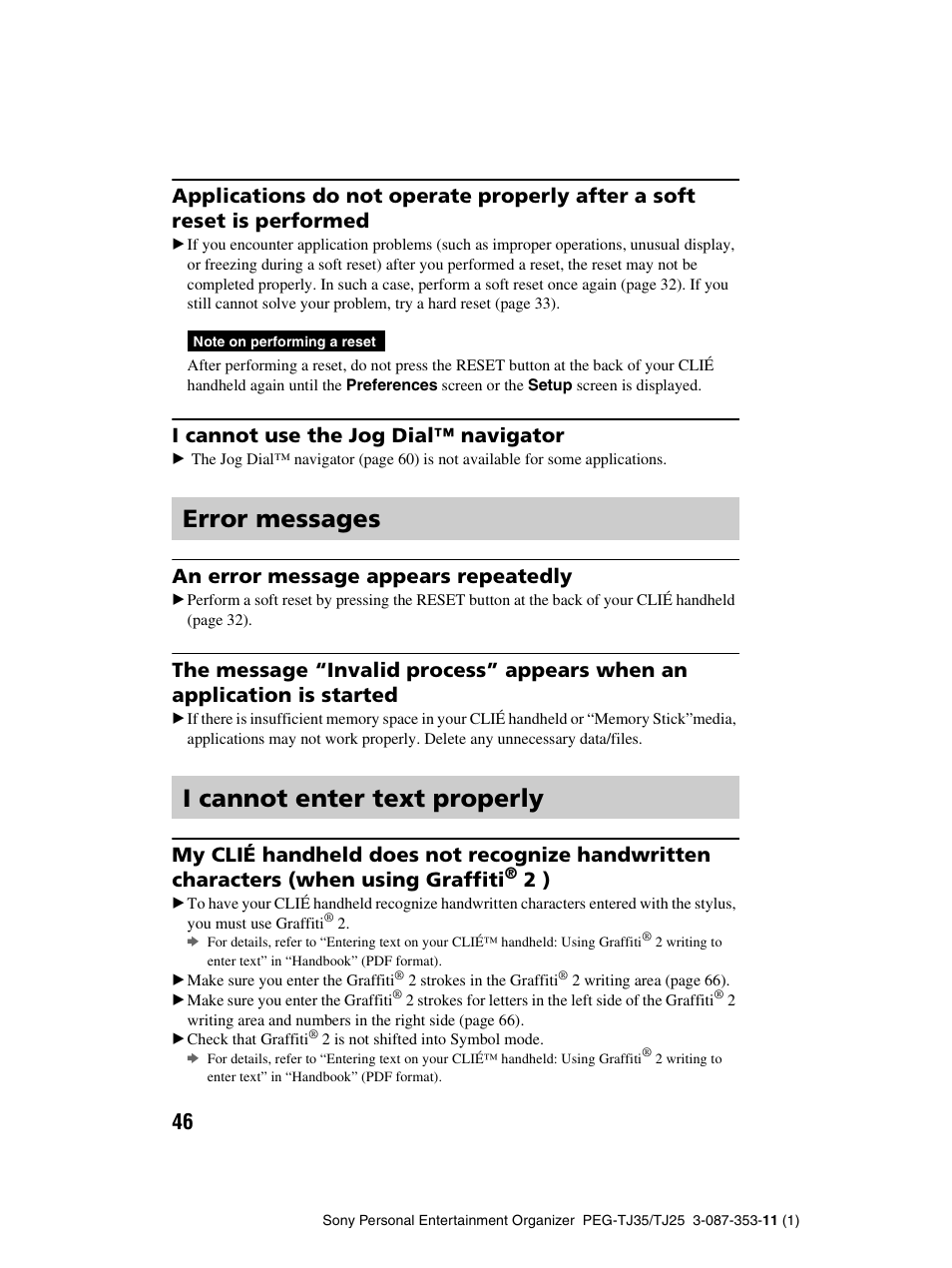 Error messages i cannot enter text properly, I cannot use the jog dial™ navigator, An error message appears repeatedly | Sony PEG-TJ25 User Manual | Page 46 / 72