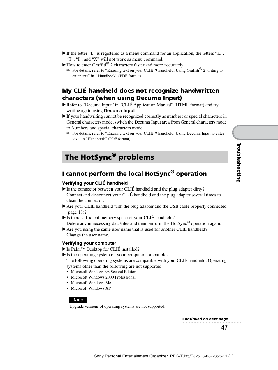 The hotsync, Problems, I cannot perform the local hotsync | Operation | Sony PEG-TJ25 User Manual | Page 47 / 72