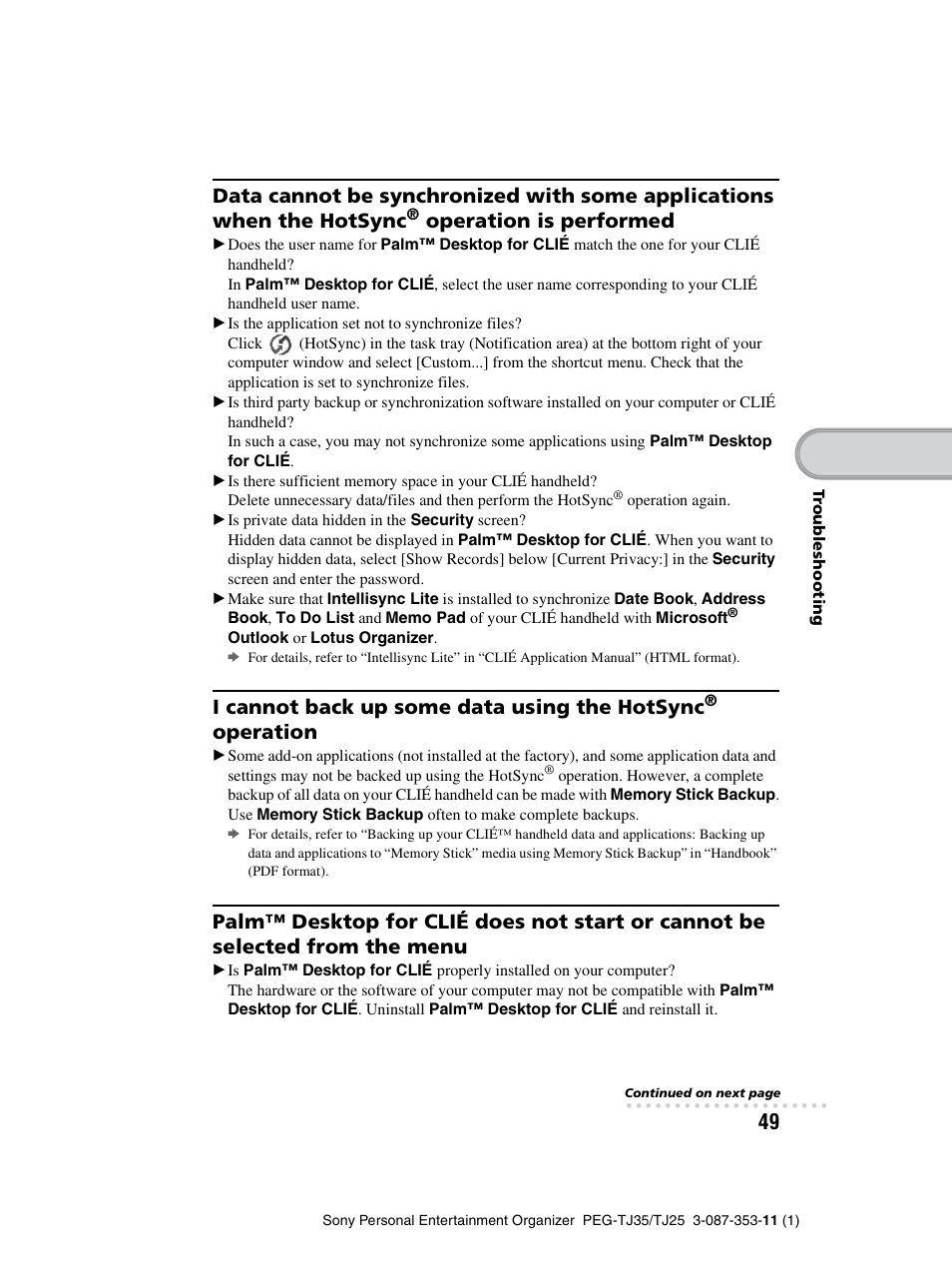 Operation is performed, I cannot back up some data using the hotsync, Operation | Sony PEG-TJ25 User Manual | Page 49 / 72